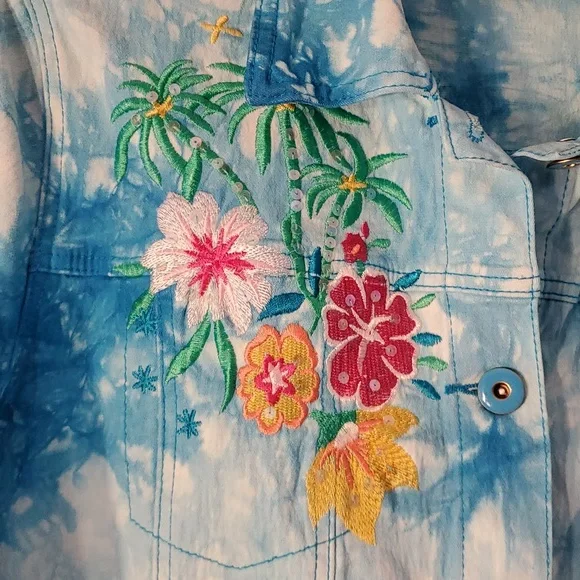 DG2 Diane Gilman Tie-dye Embellished Jean Jacket sz L - Picture 3 of 10